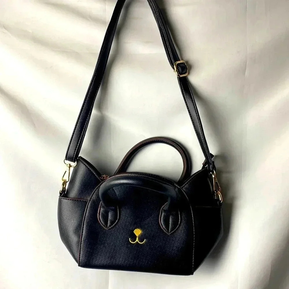 UNBRANDED BLACK CAT PURSE EMBROIDERED NOSE POCKETS INSIDE ADJ SHOULDER STRAP‎